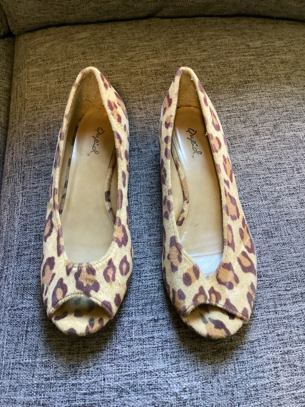 Qupid Leopard Print Peep-Toe Heels in Tan and Brown